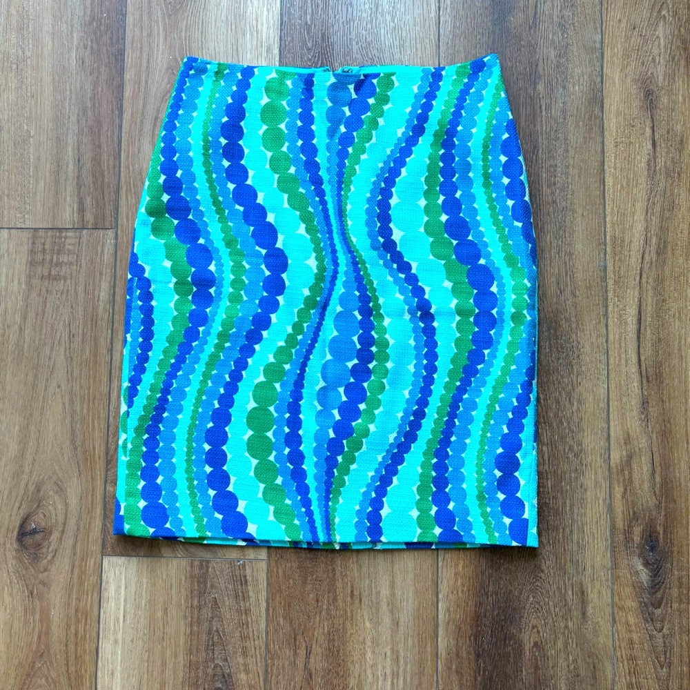 Talbots Pencil Skirt Geometric Swirling Circles Blues Green White 2P